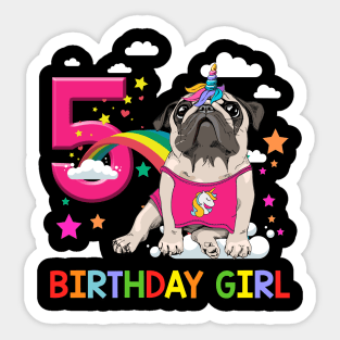 Pug Birthday - 5 Years Old Unicorn Pugicorn Party Sticker